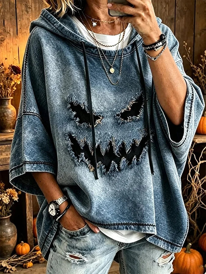 Ingrid Pumpkin Face Half Sleeve Hoodie in blue, front view