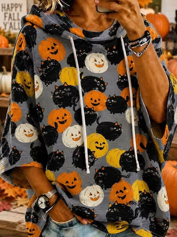Irene Cat Pumpkin Half Sleeve Hoodie, detail view
