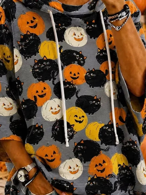 Irene Cat Pumpkin Half Sleeve Hoodie, detail view