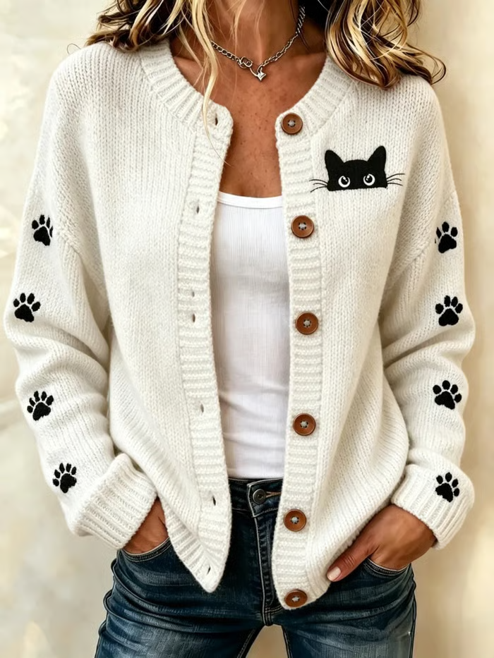 Kathleen Cat Paw Print Cardigan in white, front view