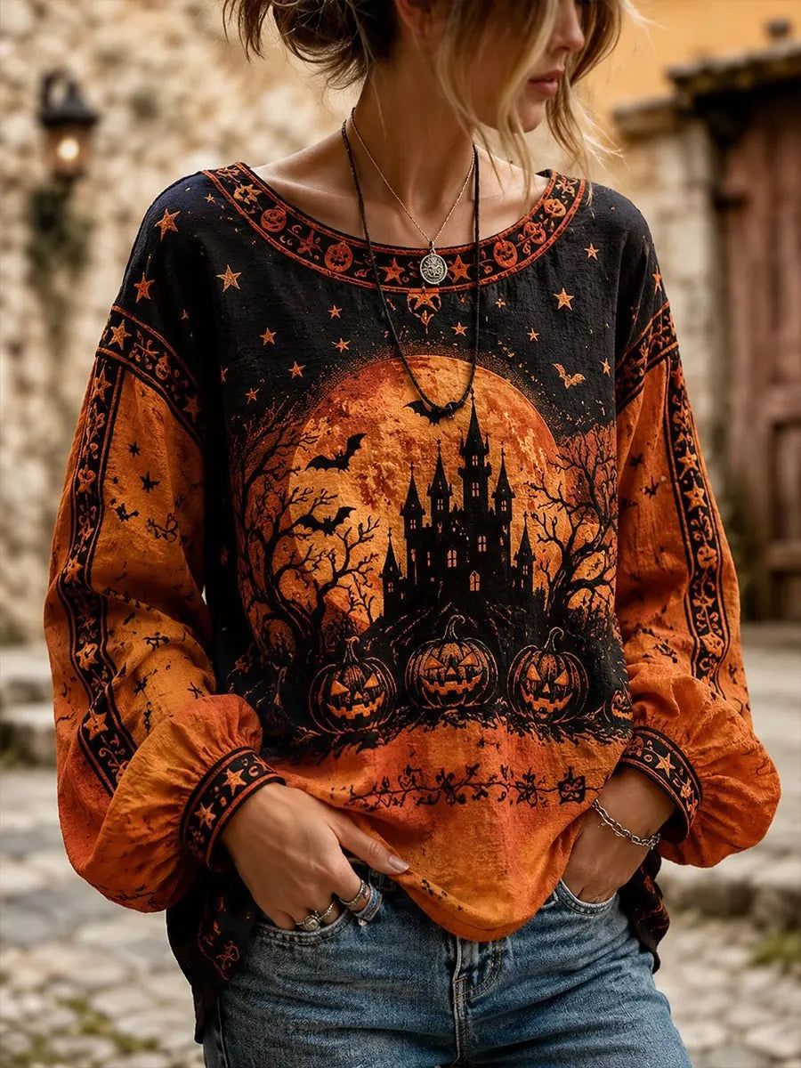 Cecilia haunted castle blouse in orange, black, front view