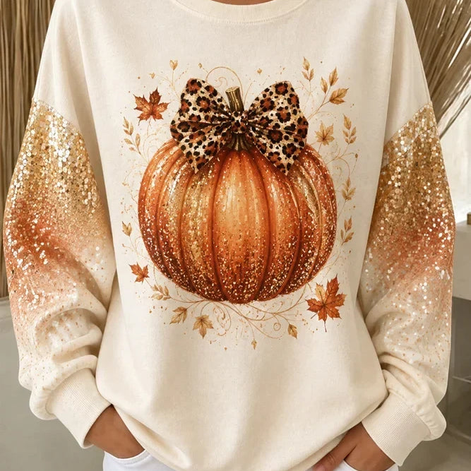 Eva pumpkin bow sweatshirt in beige, front view
