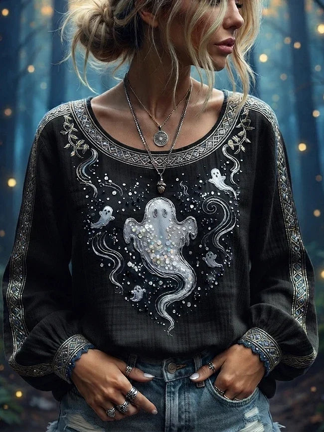 Esther ghost graphic top in black, detail view