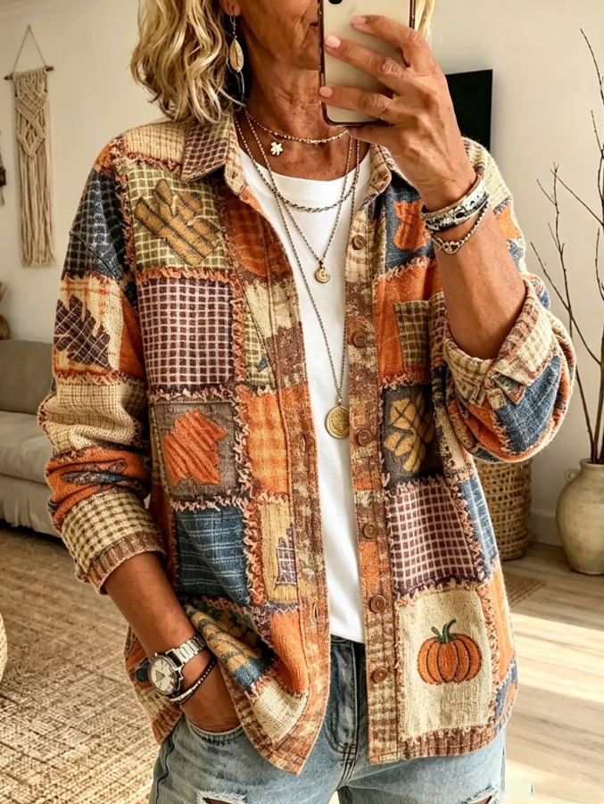 Joanna Pumpkin Patchwork Shirt Jacket in orange and brown, front view