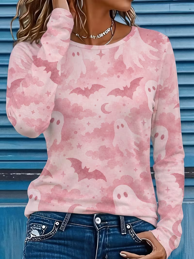 Amara ghost bat t-shirt in pink, front view