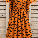 Summer bat moon a-line dress in orange, black, detail view