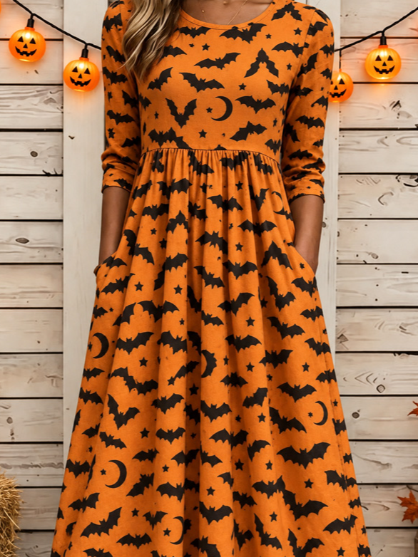 Summer bat moon a-line dress in orange, black, detail view