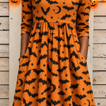 Summer bat moon a-line dress in orange, black, detail view