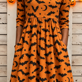 Summer bat moon a-line dress in orange, black, detail view