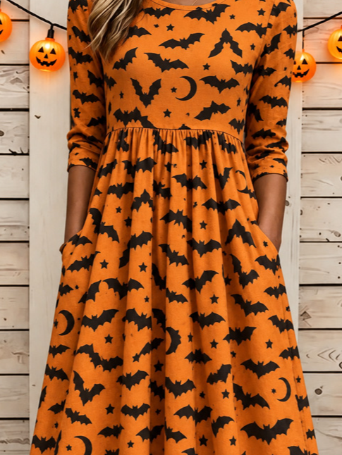 Summer bat moon a-line dress in orange, black, detail view