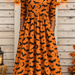 Summer bat moon a-line dress in orange, black, front view