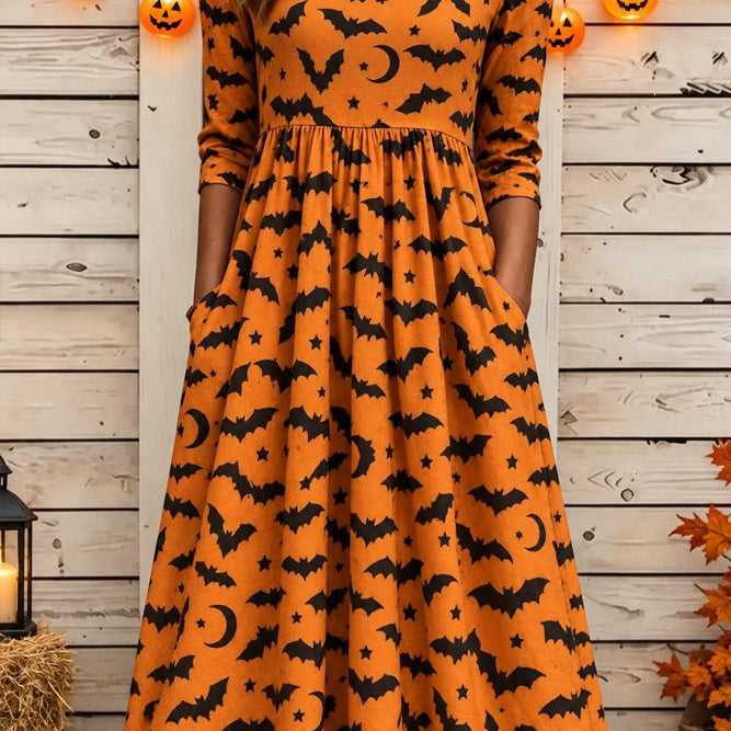 Summer bat moon a-line dress in orange, black, front view