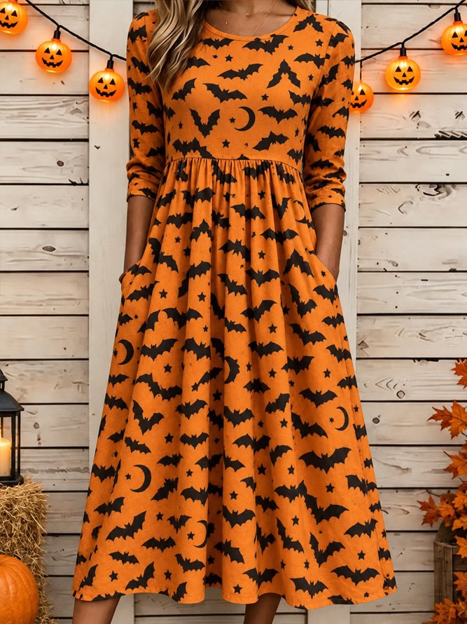 Summer bat moon a-line dress in orange, black, front view