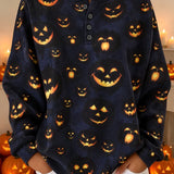 Madeline pumpkin henley sweatshirt in blue, front view