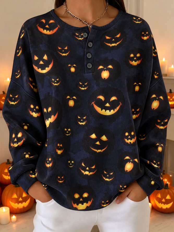 Madeline pumpkin henley sweatshirt in blue, front view