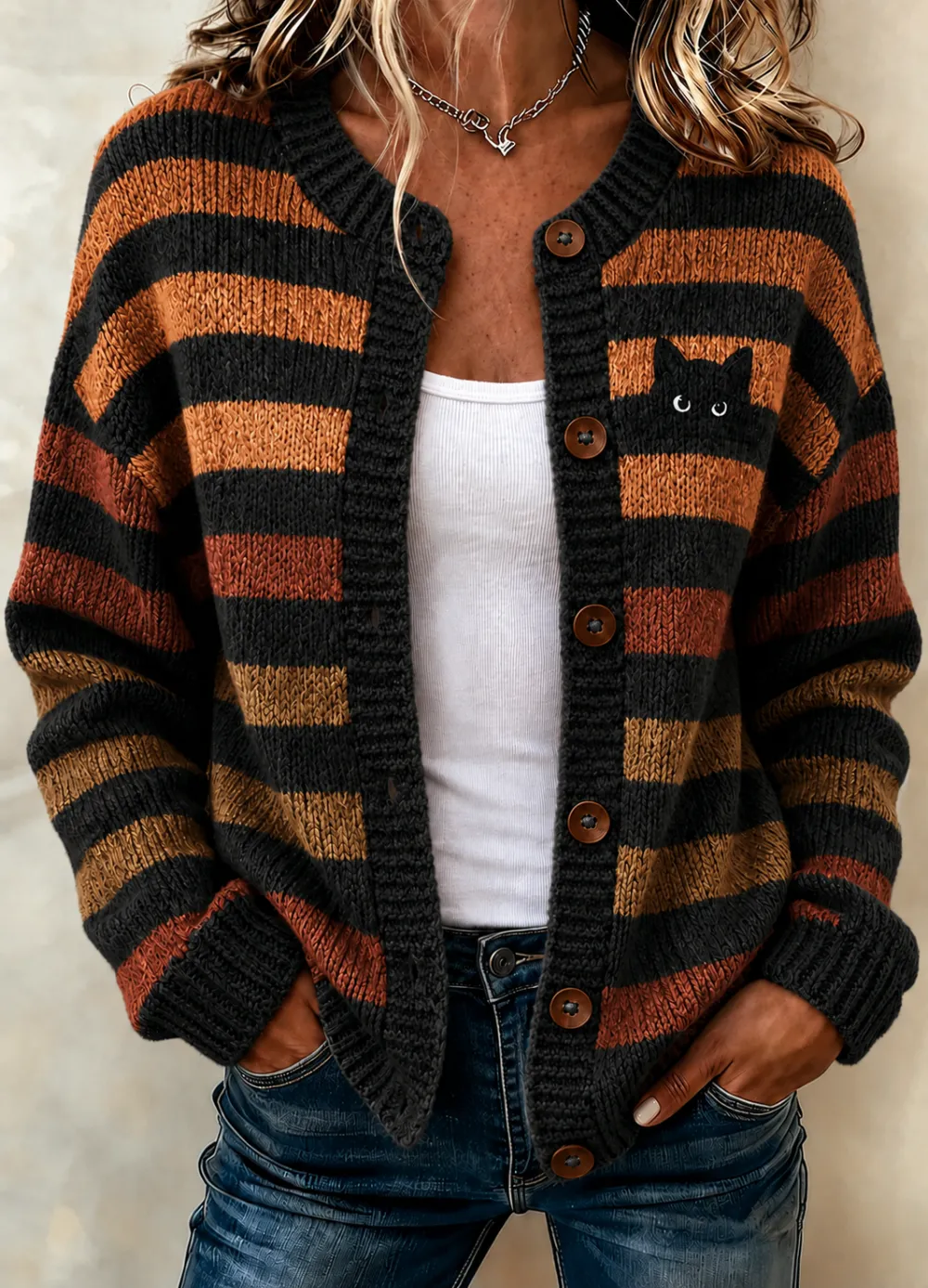 Kendra Striped Cat Cardigan in orange and black, front view