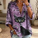 Keira black cat shirt in purple, front view