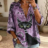 Keira black cat shirt in purple, front view