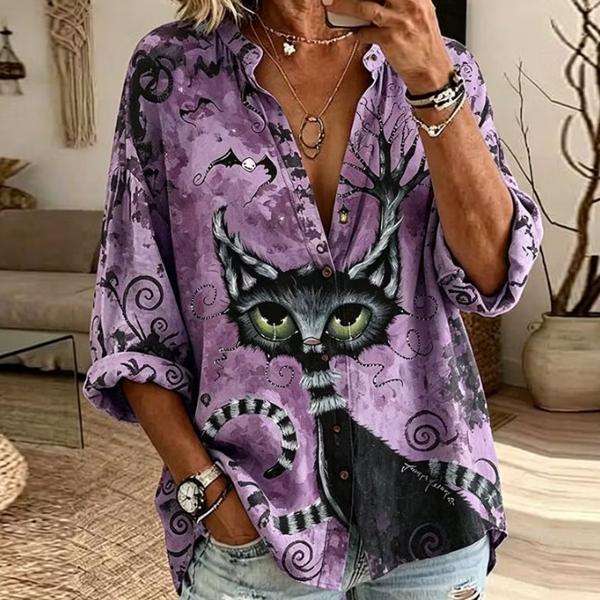 Keira black cat shirt in purple, front view