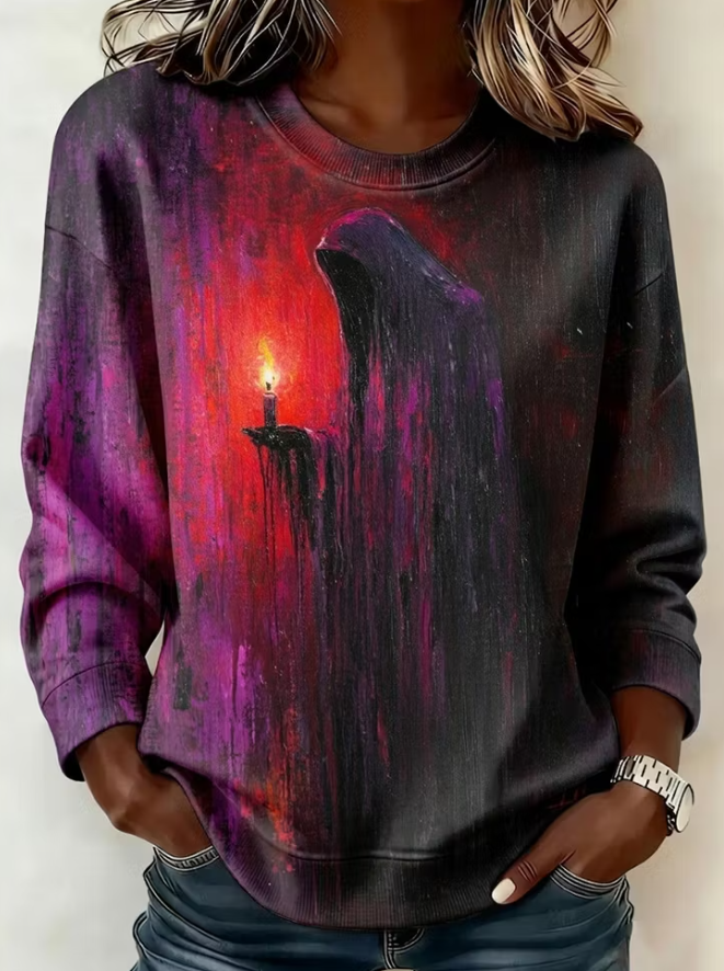 Wren ghost candle sweatshirt in purple, black, detail view