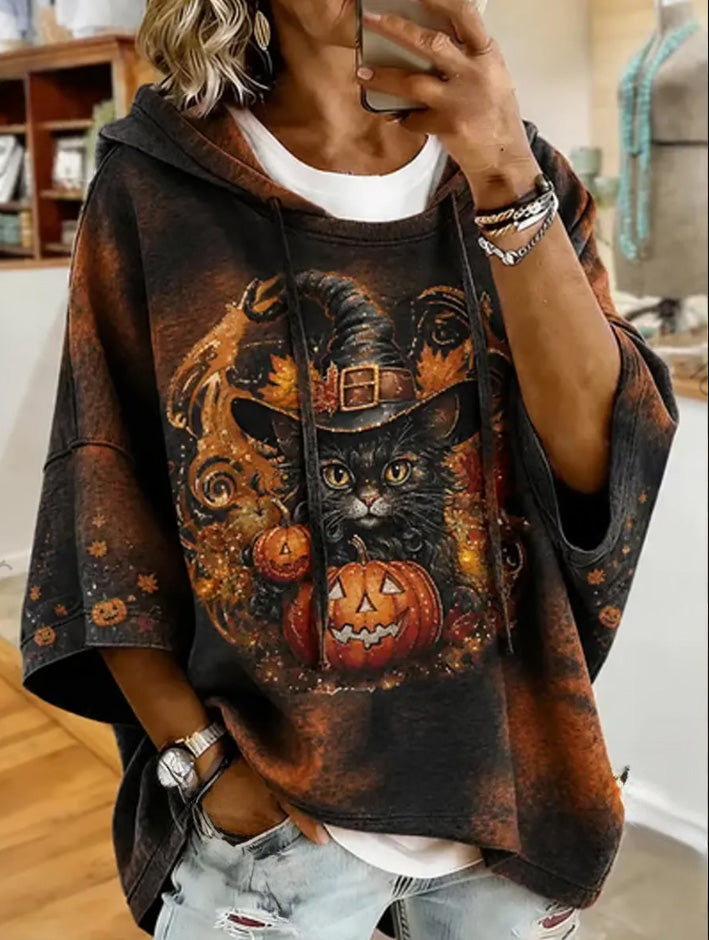 Leila Witch Cat Pumpkin Hoodie in black and brown, front view