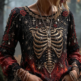 Lena Skeleton Rose Print Top in black and red, front view