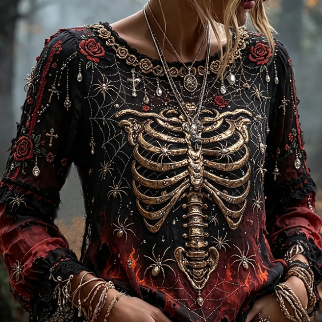Lena Skeleton Rose Print Top in black and red, front view