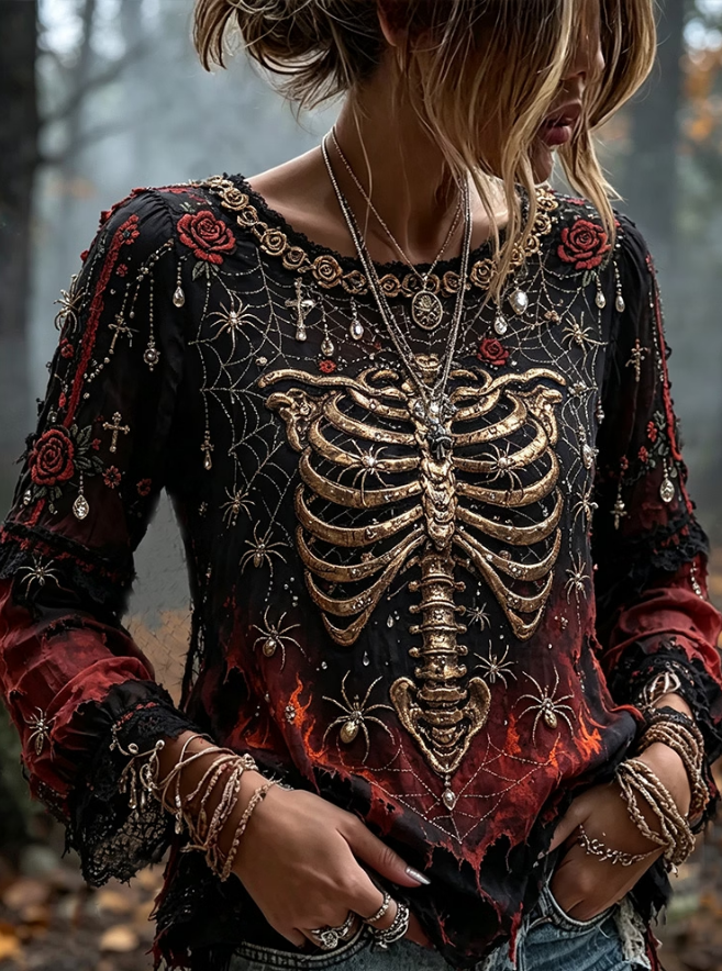 Lena Skeleton Rose Print Top in black and red, front view