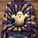 Leslie Ghost Bat Striped Sweatshirt in purple, front view