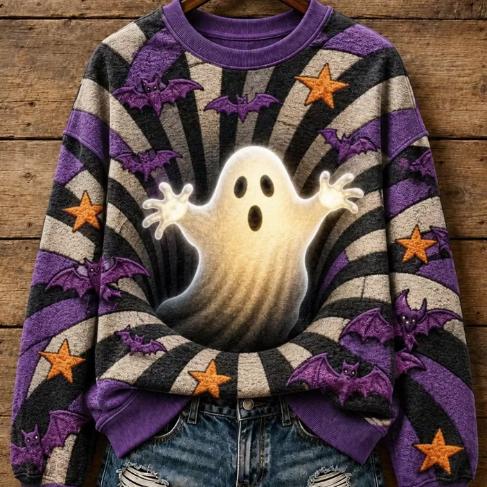 Leslie Ghost Bat Striped Sweatshirt in purple, front view