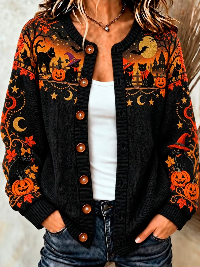 Leona Cat Pumpkin Knit Cardigan, detail view