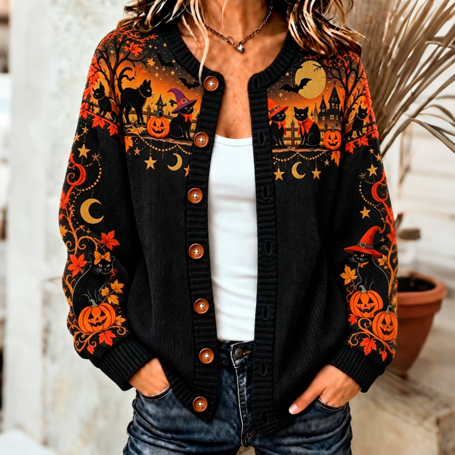 Leona Cat Pumpkin Knit Cardigan in black, front view