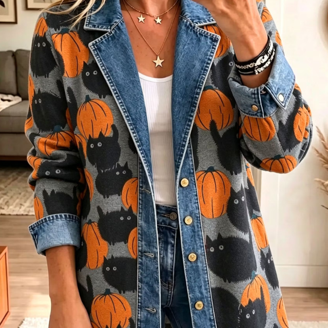 Liana Cat Pumpkin Denim Trim Blazer in gray, front view
