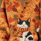 Luciana | Halloween Casual Cat Henley Collar Long Sleeve Sweatshirt