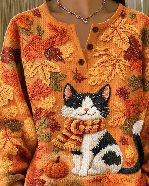 Lucia Cat Pumpkin Henley Sweatshirt, detail view