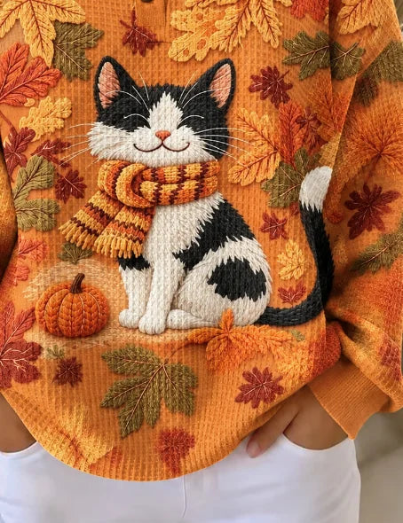 Lucia Cat Pumpkin Henley Sweatshirt, detail view