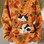 Lucia Cat Pumpkin Henley Sweatshirt in orange, front view