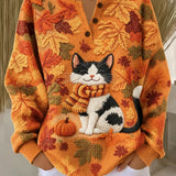 Lucia Cat Pumpkin Henley Sweatshirt in orange, front view