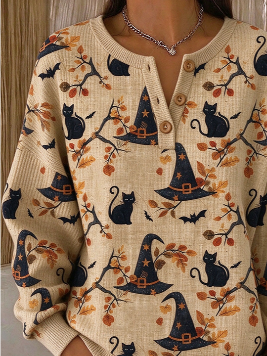 Lucille Cat Witch Hat Henley Sweatshirt, detail view