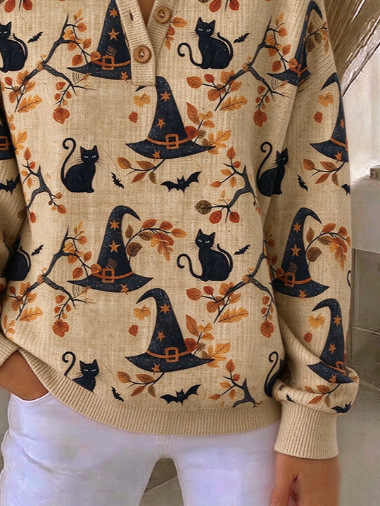 Lucille Cat Witch Hat Henley Sweatshirt, detail view