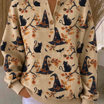 Lucille Cat Witch Hat Henley Sweatshirt in beige, front view