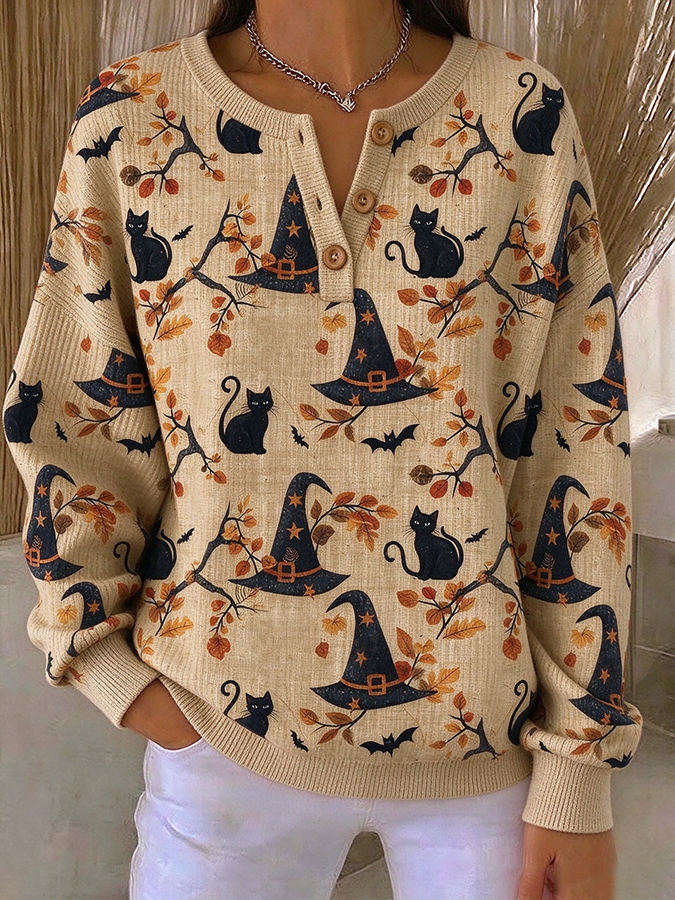 Lucille Cat Witch Hat Henley Sweatshirt in beige, front view