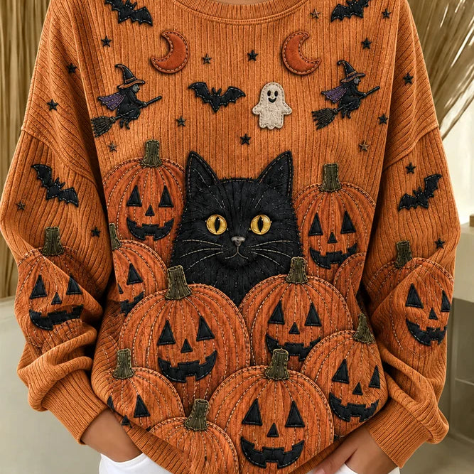 Madeline Cat Pumpkin Sweatshirt in orange, front view