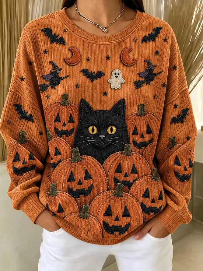 Madeline Cat Pumpkin Sweatshirt in orange, front view