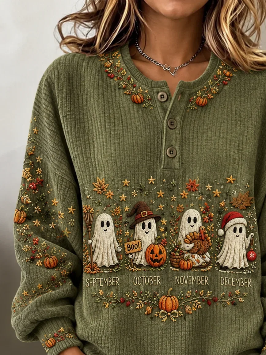 Lorraine Ghost Pumpkin Henley Sweatshirt, detail view