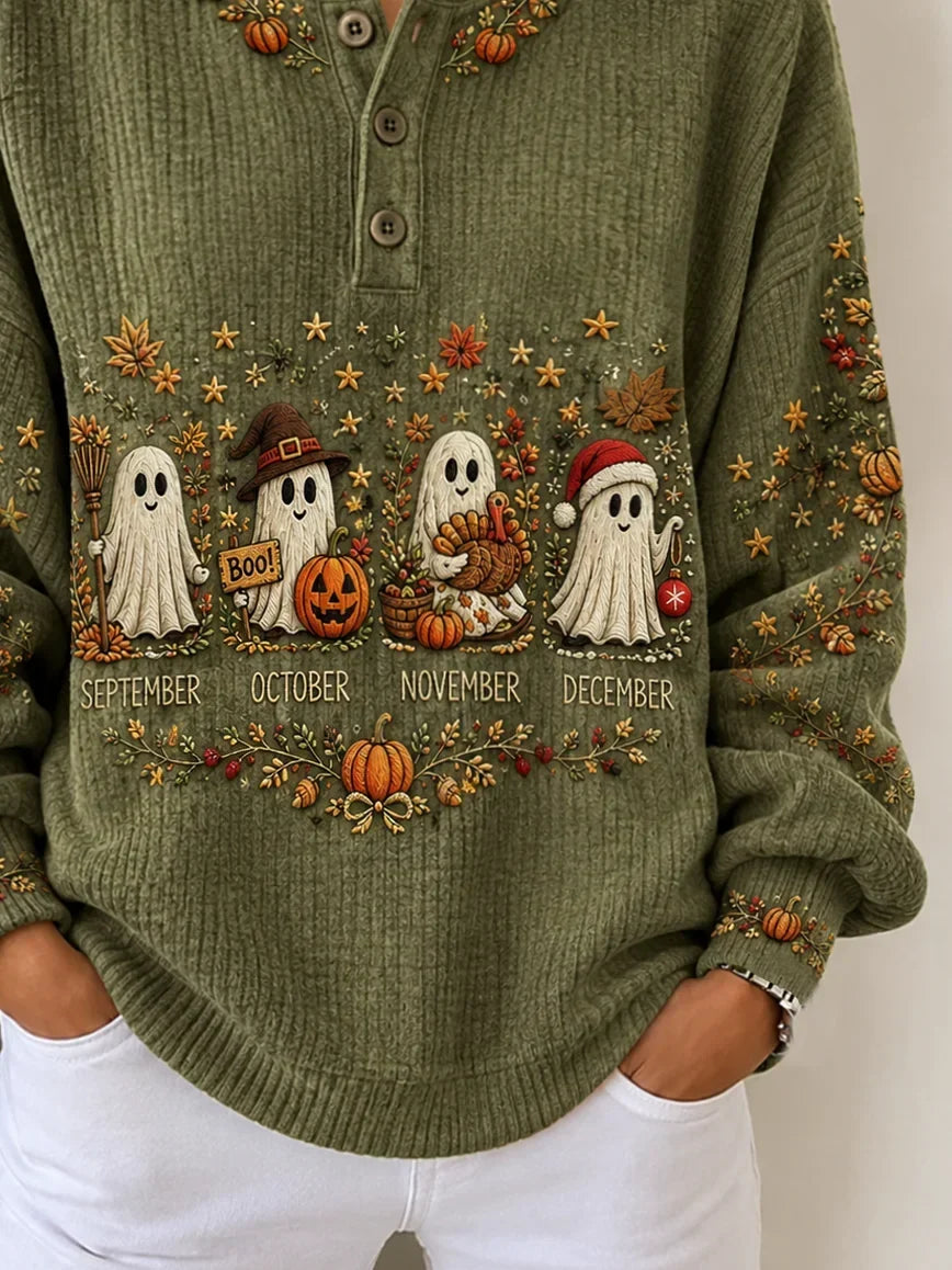 Lorraine Ghost Pumpkin Henley Sweatshirt, detail view