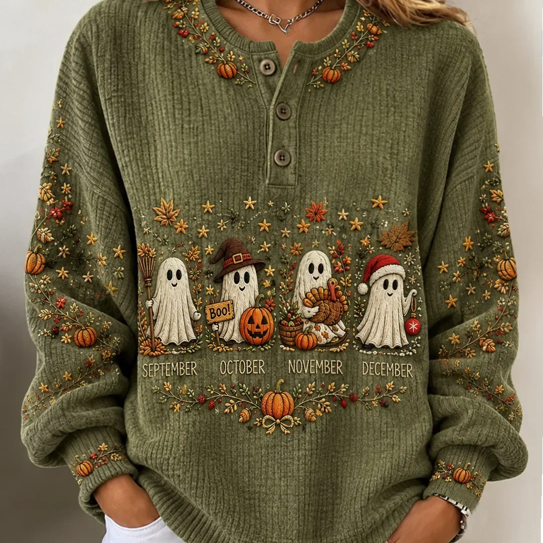 Lorraine Ghost Pumpkin Henley Sweatshirt in green, front view