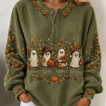 Lorraine Ghost Pumpkin Henley Sweatshirt in green, front view
