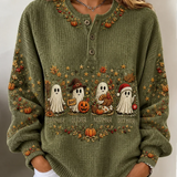 Lorraine Ghost Pumpkin Henley Sweatshirt in green, front view