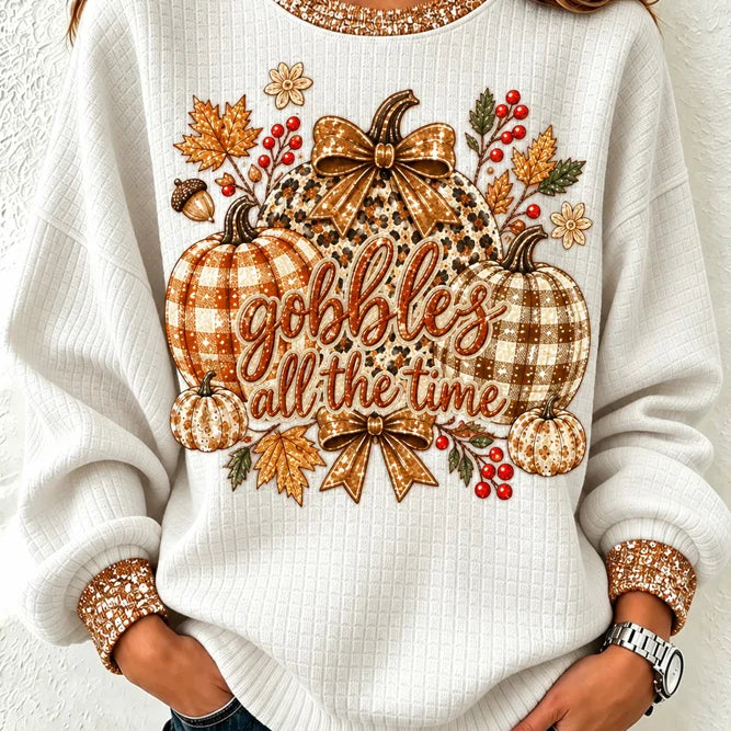 Marcia Thanksgiving Pumpkin Sweatshirt in white, front view